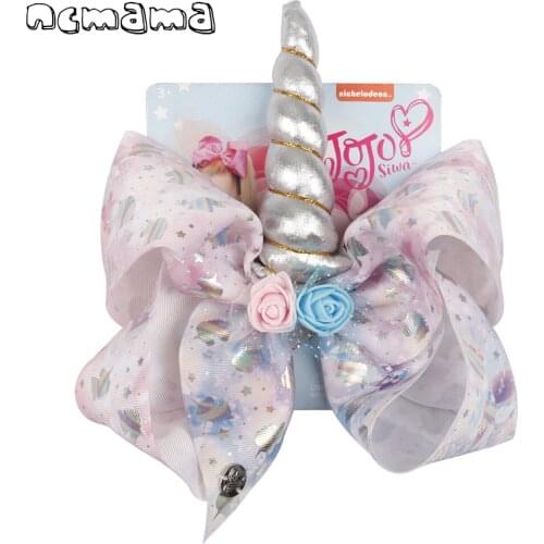 Ncmama Hair Accessories 8" Large Hair Bows for Girls Unicorn Hair Clips Cute Handmade Flowers Horn Bowknot Party Kids Hairgrips