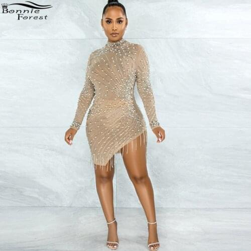 Bonnie Forest Sparkle Black Pearl Rhinestones Fringe Irregular Mesh Dress New Chic Sequins Party Club Dress Christmas Outfits