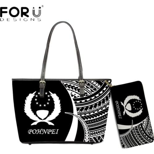 FORUDESIGNS Pohnpei Tribal Polynesian Print Women Large Bags Set Luxury Designs Shoulder Handbags With Purse Leather Bolsa Mujer