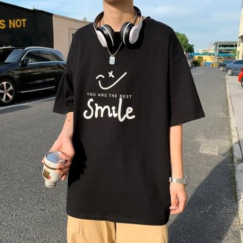 2021 New Cotton Mens T-shirt Summer Mens Fashion Smile Letter Printed Short Sleeve Loose Shirts Man Casual Tops Male Tee Shirts