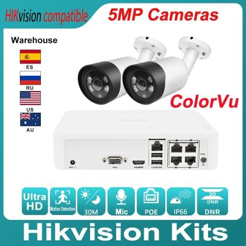Hikvision Compatible Kits 2PCS 5MP IP Bullet Camera ColorVu & Hikvision Original DS-7104NI-Q1/4P DIY Video Security CCTV System