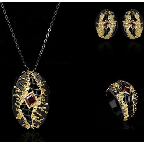 CIZEVA Bohemia Luxury Ruby Gemstone Engagement Jewelry Set Ladies 925 Sterling Silver Two Tone Bride Wedding Ethnic Jewelry Gift