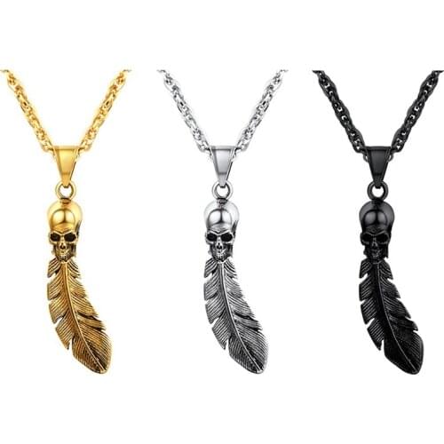 Mens fashion punk pendant trend bar accessories feather skull alloy necklace