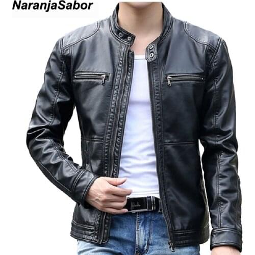 NaranjaSabor Spring Autumn Mens Leather Jackets Stand Collar Coats Male Motorcycle Slim Outerwear Mens Brand Clothing 5XL N403