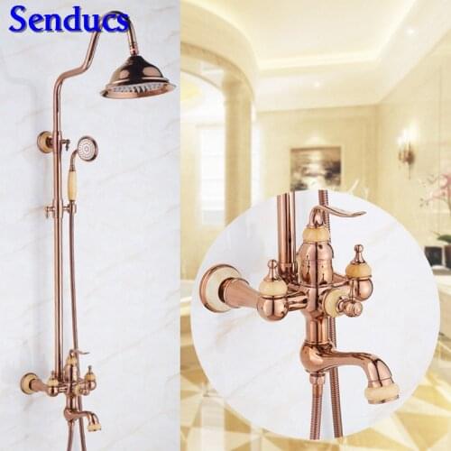 Senducs Rose Gold Shower Set Quality Jade Stone Bathroom Gold Shower System High Quality Brass Bathroom Shower Set