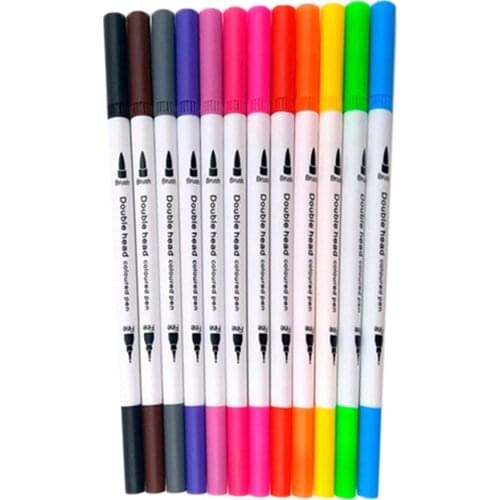 12 Colors Dual Tip Brush Pen Set 0.4mm Fine Liners For Adult Calligraphy