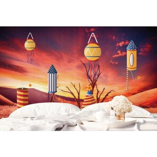 Custom wallpaper waterproof wall covering, rocket launch watercolor cartoon childrens room living room background wall