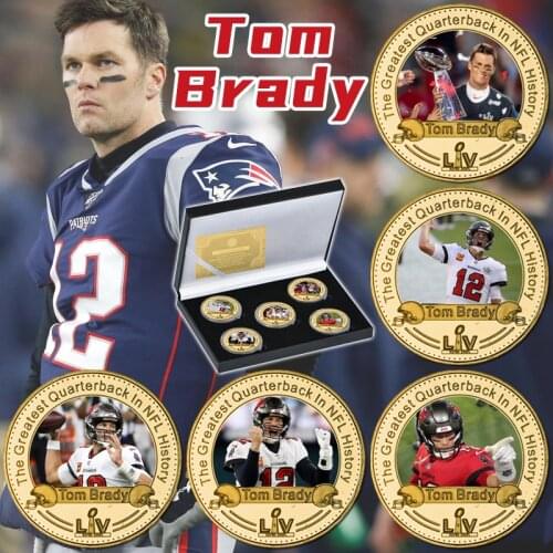 American Football Tom Brady Gold Plated Commemorative Coins Collectible Challenge Coin with Holder Sports Souvenir Gifts for Boy