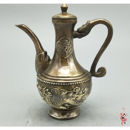 Rare old Ming Dynasty copper Double Dragon Pot Decoration Kettle Teapot Jug,best collection& adornment,Free shipping