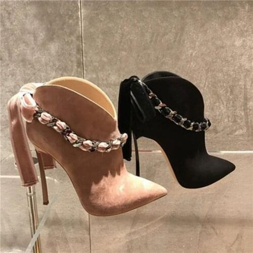 Chic Women Back Bowtie Front Chains Suede Ankle Boots Claret Pink Apricot Pointed Toe Blade Thin High Heels Spring Short Booties