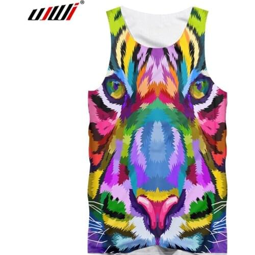 UJWI Printed Animal Colorful Tiger Short Sleeve Mens Tank Top 3D Funny Casual Design Male Ferocious Asian Size 6XL