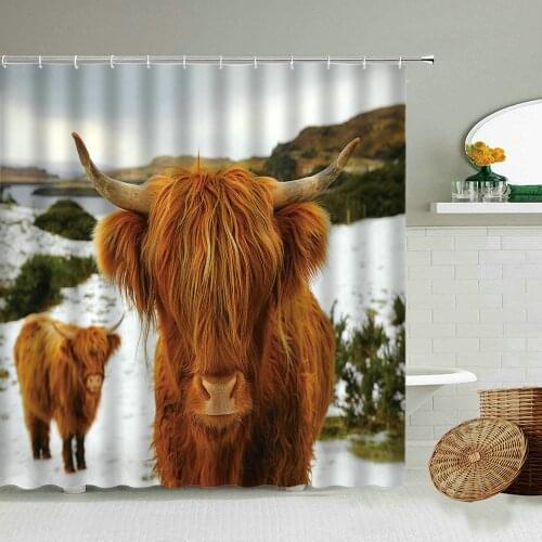 Highland Cattle Shower Curtain Wild Animal Rural Bathroom Decor Winter Snow Natural Scenery With Hook Hanging Waterproof Screen