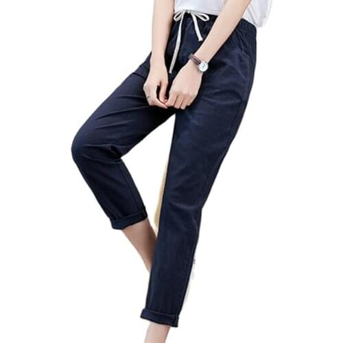 Women pants Casual Solid Color Waist Drawstring Elastic Waistband Cotton Pencil Pants 2021