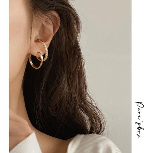 PerisBox Gold Color Double Circle Earrings Cubic Zirconia Geometric Earrings for Women Spiral Minimalist Korean Earrings Studs