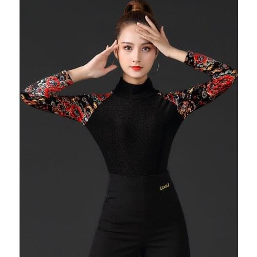 Lady Latin Dancing Shirt Female High Collar Ballroom Dance Costume Cloth Tango Chacha Dances Competition Tops L1101