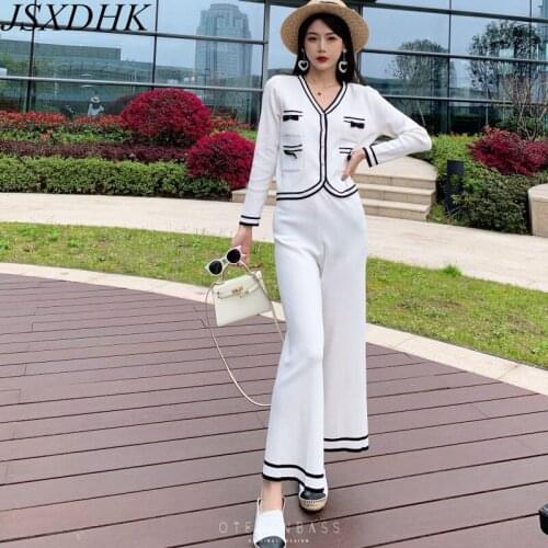 2021 New Autumn Tracksuits Sweater Suits Two Piece Set Women Bow Pocket Pearl Button Knitted Cardigan Coat + Wide Leg Pants Sets