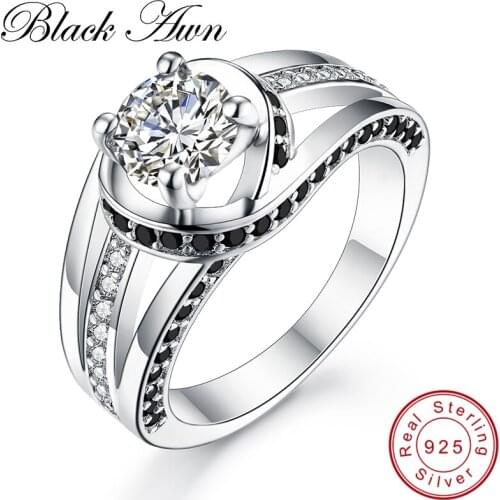 [BLACK AWN]Classic Wedding Rings for Women 4.4g Solid 925 Sterling Silver Jewelry Black Spinel Prong Srtting Bague C167