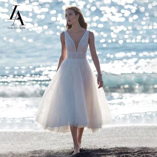LelaAcra Sleeveless Wedding Dress 2022 V-neck Backless A-Line Mid-Calf Beach Lace Princess Bride Gowns NE06 Vestido de Noiva