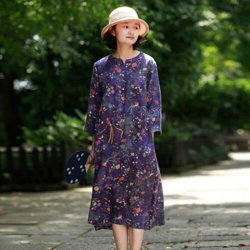 Johnature Retro Print O-neck Button Nine Points Sleeve Dress 2021 Autumn New Loose Comfortable Women Fashion Pullovers Dresses