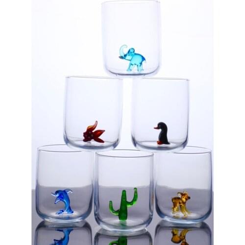 3D Animal Figure in the Glass Handcrafted Elephant Dolphin Fox Fish Penguin Model 6 Pcs Water Juice Glass Cup Tumbler set 305ml