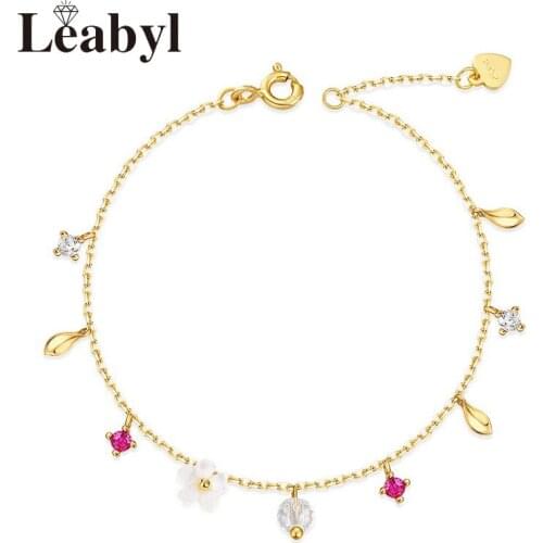 Leabyl Classic Sparkling Zircon Little Leaf Flower Pendant Gold Color Bracelet for Women Gift 925 Sterling Silver Charm Bracelet