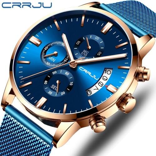 CRRJU New Mens Watches Male Fashion Top Brand Luxury Stainless Steel Blue Quartz Watch Men Casual Sport Waterproof Watch Relojes