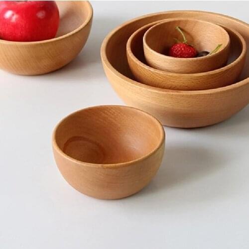 Home Kitchen Solid Bowl Wooden Salad Soup Dining Plates Storage