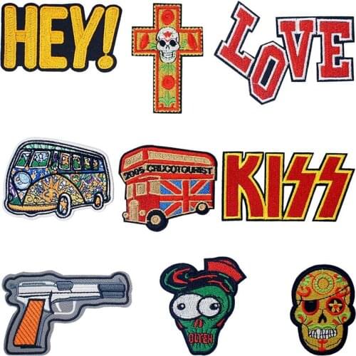 Double-Decker Bus Pistol Embroidered Iron on Patches for Clothing DIY Stripes Clothes Patchwork Sticker Custom Applique