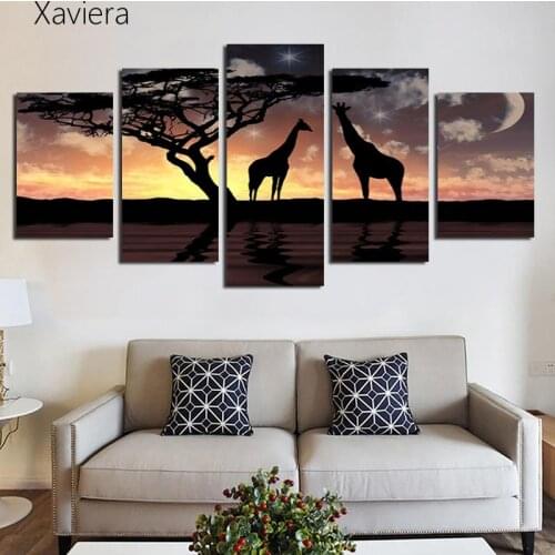 Hd Art Poster Animal Mural Giraffe By The Lake Night Scene Print Canvas Painting Home Decoration Painting Five Frameless Murals