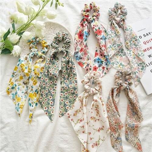 Korean Hair Accessories Floral Print Hair Scrunchie Bows Ponytail Holder Headband Girls Hair Bands Long Ribbon Scarf Hair Tie