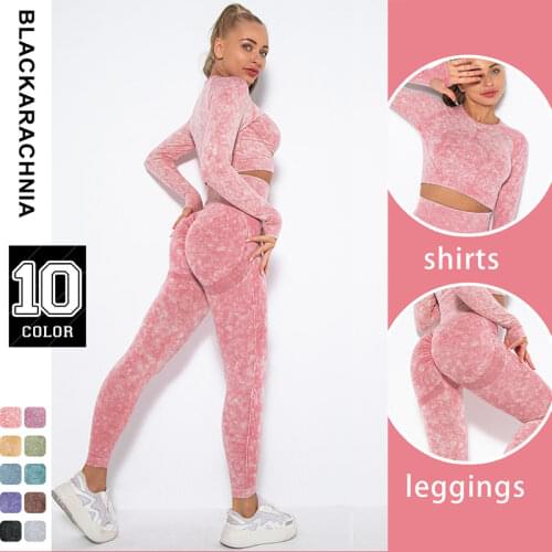 Seamless Sports Suits Women O-neck Crop Tops Long Sleeve Push Up Leggings Sets Gym Wear Summer Two Pieces Sets Tracksuit Feamle
