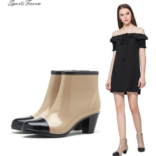 Nun Side Zipper Fashion Rain Shoes Madam Kitchen Boots ANKLE Anti-Slip Wellies High Heel Galoshes Woman Rubber Footwear Martins