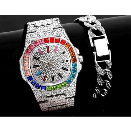 2pcs Bracelet + Watches for Men Women Luxury Iced Out Watch Men Gold Cuban Chain Quartz Watches Mens Gift Set Relogio Masculino