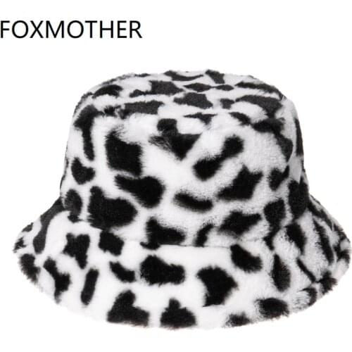 FOXMOTHER New Fashion Black White Soft Warm Faux Fur Cow Print Fishing Cap Gorros Bucket Hats For Women Winter Caps
