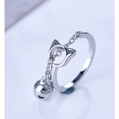 New Fine Cute Cat Finger Rings With Bell Pendant Creative Simple Adjustable Size Jewelry For Women Fashion Christmas Gifts