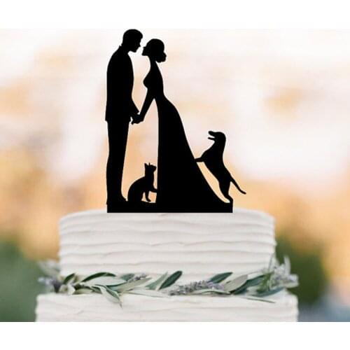 Personalized cake topper with custom Acrylic Wedding Cake topper with Cat & with dog Bride and groom Cake Topper with silhouette