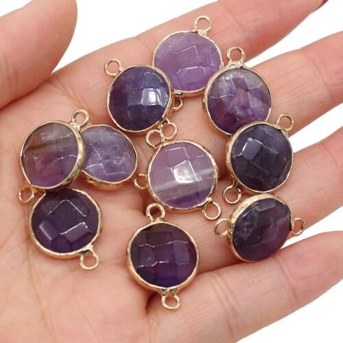 Natural Stone Pendants Faceted Gold plate Round Amethysts for Trendy Jewelry Making DIY Necklace Bracelet for Women