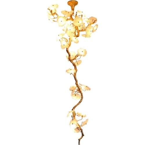 Light luxury copper tree branch staircase chandelier Nordic creative duplex building luxury villa living room crystal lamp