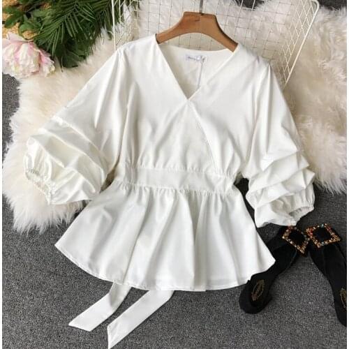 Womens spring autumn v neck shirt female high waist belt pullover Shirt Blouse TB136
