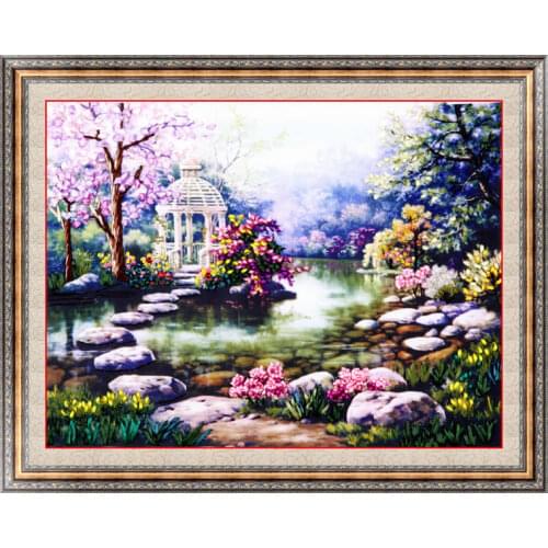 Needlework,DIY Ribbon Cross stitch Sets for Embroidery kit,Garden Lake Flowers landscape bands embroidery wall wedding gift