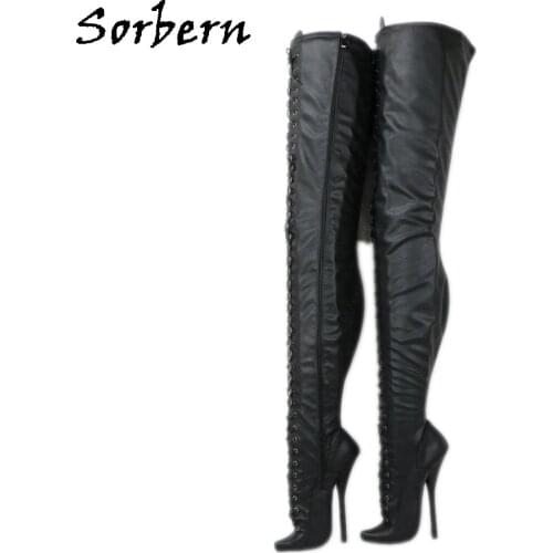Sorbern Sexy Ballet High Heel Boots Long Mid Thigh High Matt Black Lace Up Pointed Toe Cosplay Drag Queen Long Boots Fetish