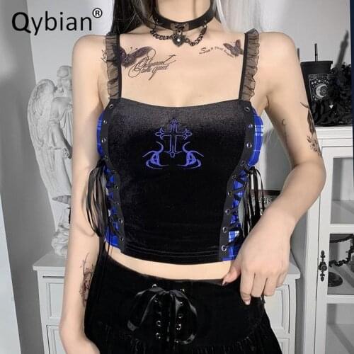 Summer Street Lace Zipper Backless Suspender Vest Women Stitching Bandage Embroidery Tank Top Crop Top Gothic Sexy Top