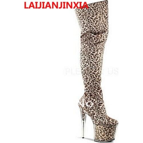 LAIJIANJINXIA Party Quee Lace Up High-Heeled Shoes Over-The-Knee Womens Boots Leopard Dance Shoes 10CM Heels High Boot A-077