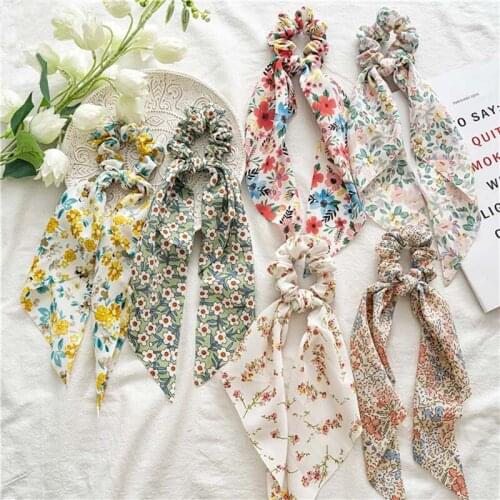 Korean Bow Long Ribbon Hair Scrunchie For Women Fashion Print Flower Hair Band Sweet Elastic Hair Band Scarf Hair Accessories