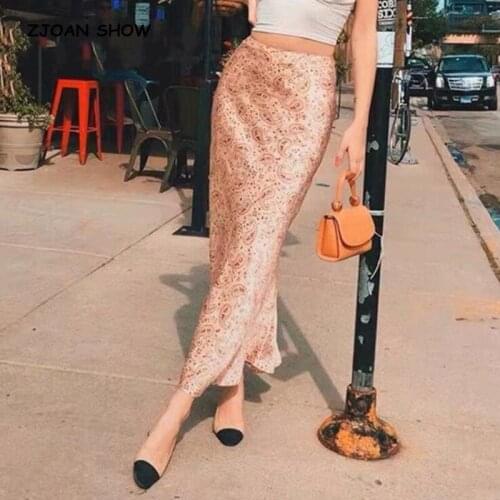 Retro High Waist Beige Red Paisley Flower Print Satin Skirt like Silk Summer Women Elastic Waist Mid Long A-line Skirts Femme