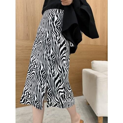 Zebra Stripe Women Midi Skirt High Waist Split Step Hip Pack Female Bottom Skirt Leisure Party Night Club Ladies Skirt