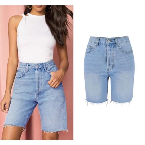 Womens High-Waist Straight Loose-Breasted Denim Five-Point Pants Non-Stretch Bf Street Cycling Shorts Washed Raw Edges Shorts