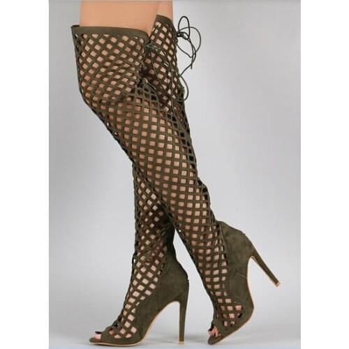 New style hollow out cage high heel boots women peep toe over the knee boots lace-up gladistor sandal boots free shipping