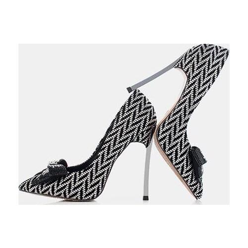 New fashion woman spike high heel shoes white black rhinestones bow pointed toe metal high heel shoes real photo 8CM 10CM 12CM