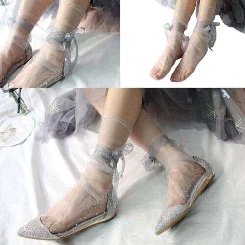 Womens Vintage Ultra-Thin Sheer Slouchy Ankle Socks Sweet Ribbon Bowknot Imitation Pearl Beading See-Through Mesh Tulle Loose Ho
